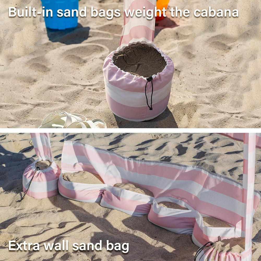 AMMSUN 6.2'×6.2' beach cabana for beach sun shade with privacy sunwall, elegant pink cabana with extral wall and  sand bags