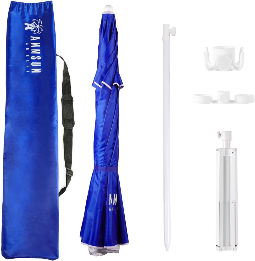 AMMSUN 6.5ft blue outdoor umbrella with base including a white lower pole, with carrying bag, hook, a cup holder and stand