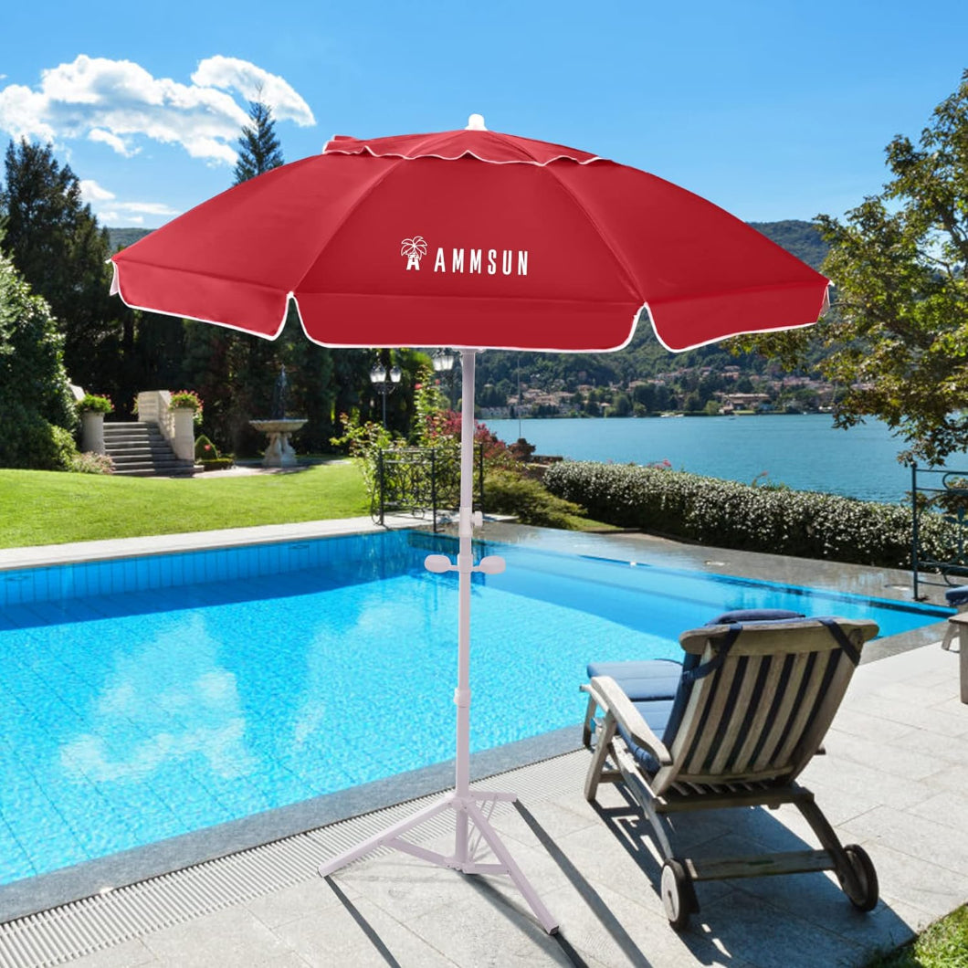  AMMSUN 6.5ft red pool umbrella for inside of pool supported by a white stand for sombrilla de patio on the pool