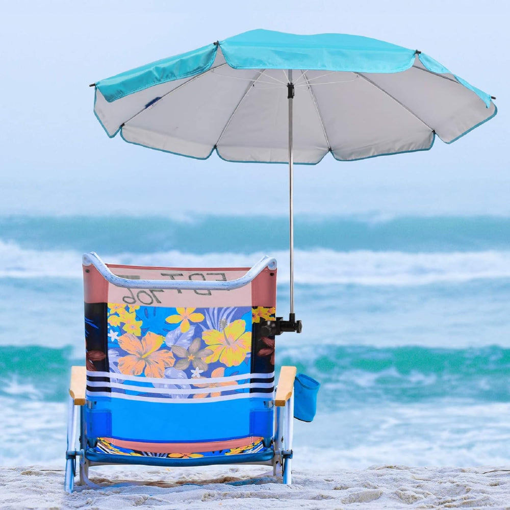 A beach chair with an AMMSUN 43 inches camp chair umbrella with universal clamp clip on umbrella for beach chair set on golden sand.