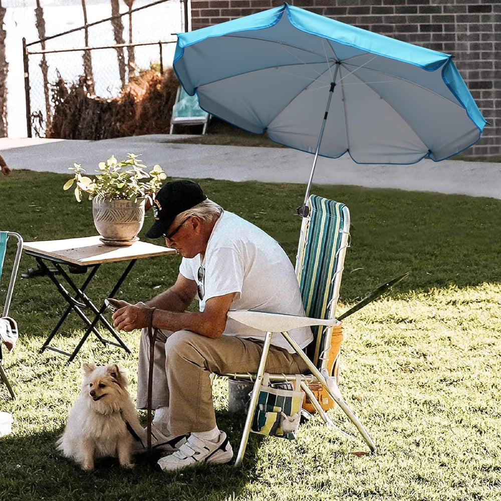 A man sitting beneath AMMSUN sky blue 52 inches uumbrella for chair with shade canopy for adults with universal clamp