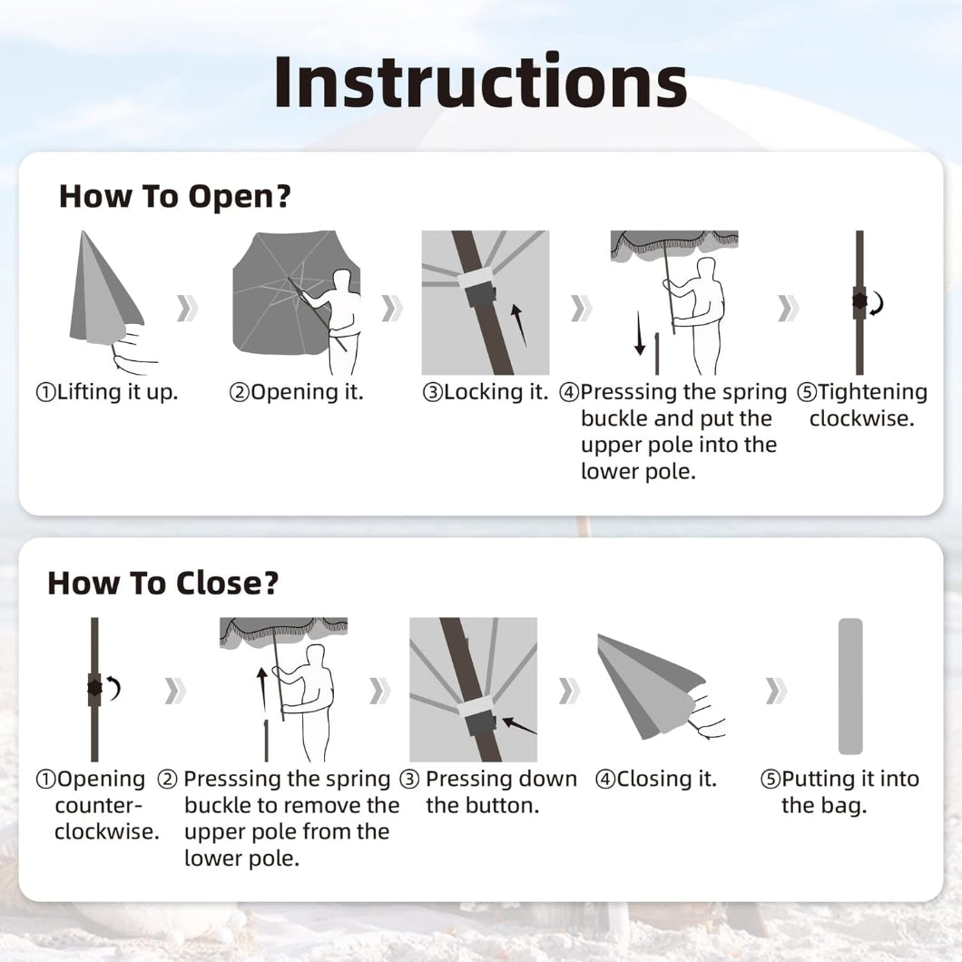 A step-by-step guide for setting up and storing the AMMSUN 7ft Blue Stripes fringe clearance umbrellas for patio