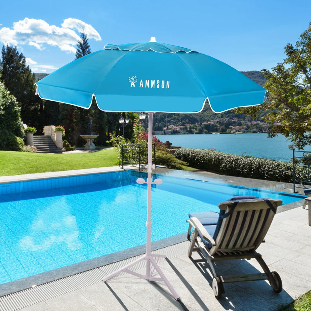 AMMSUN sky blue portable patio umbrella supported by a white stand for pool umbrella, placed near a pool and a chair