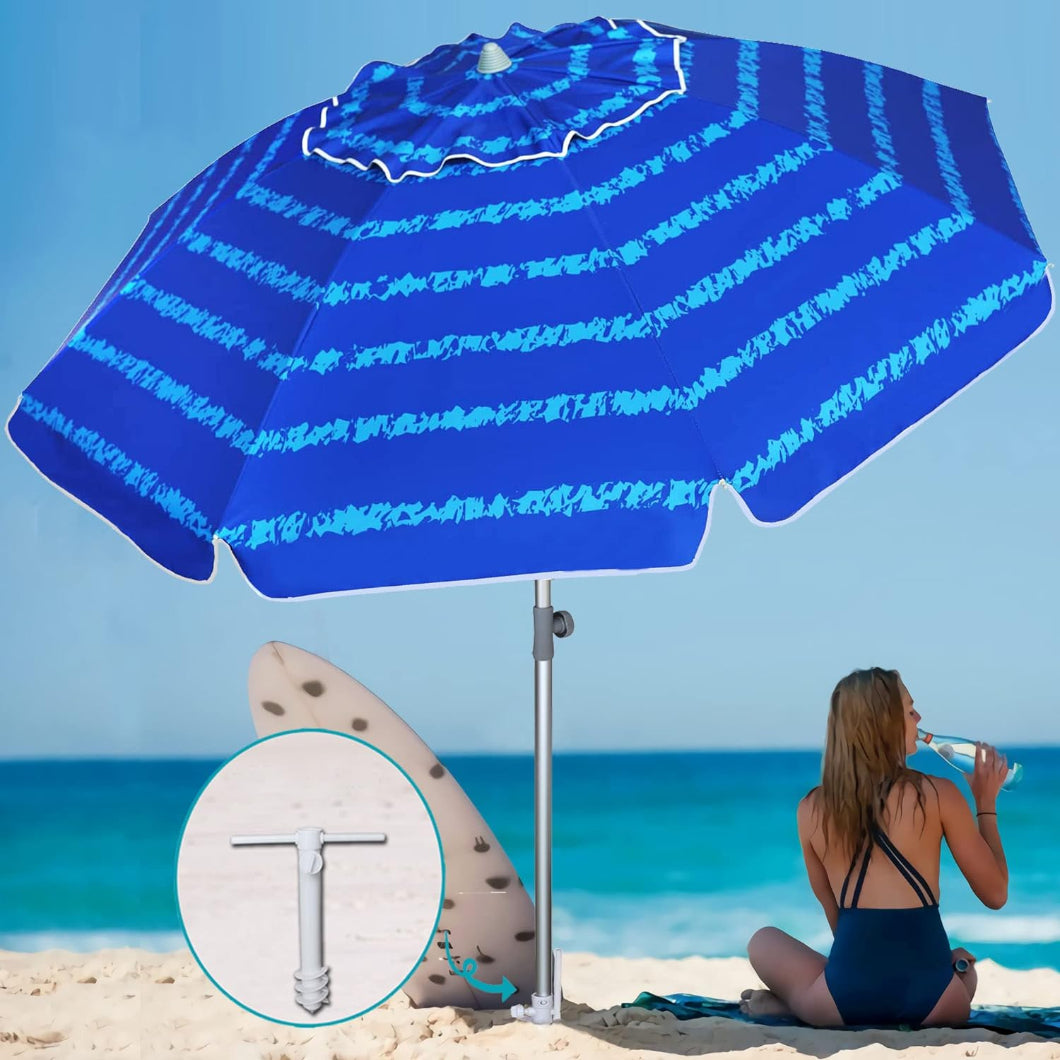 A woman is sitting and dring water under AMMSUN 7ft blue pattern outdoor sun shade umbrella with sand anchor