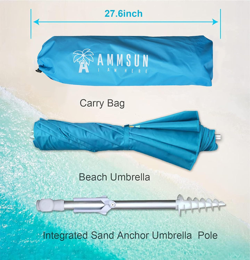 AMMSUN 6.5FT light blue portable beach umbrella, featuring a 25inch carry bag and integrated sand anchor pole.