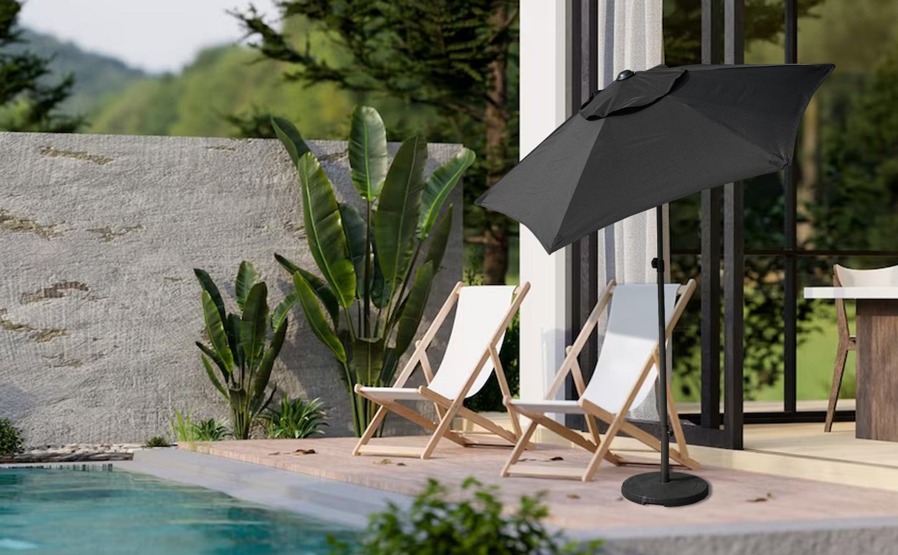 A serene patio scene showcasing chairs positioned beneath AMMSUN 6ft black table umbrella outdoor patio on pool