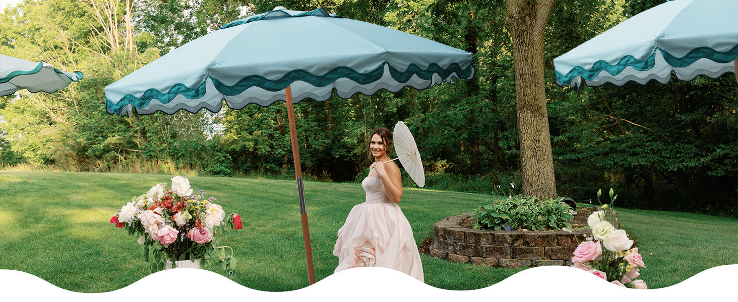 A bride stands under AMMSUN 7.8ft green sun umbrellas outdoor, providing a shaded outdoor seating area