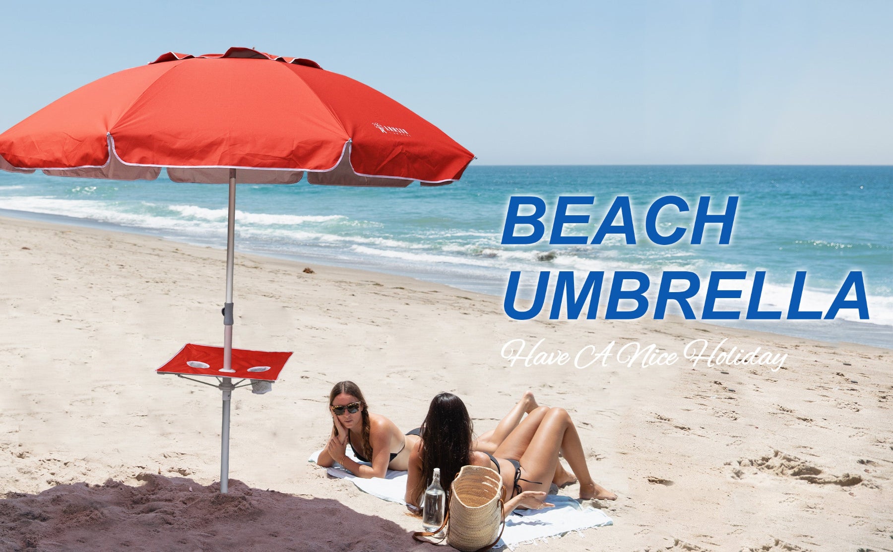 Two women enjoying the beach under an AMMSUN solid red 7ft portable beach umbrella with built-in table and sand anchor.