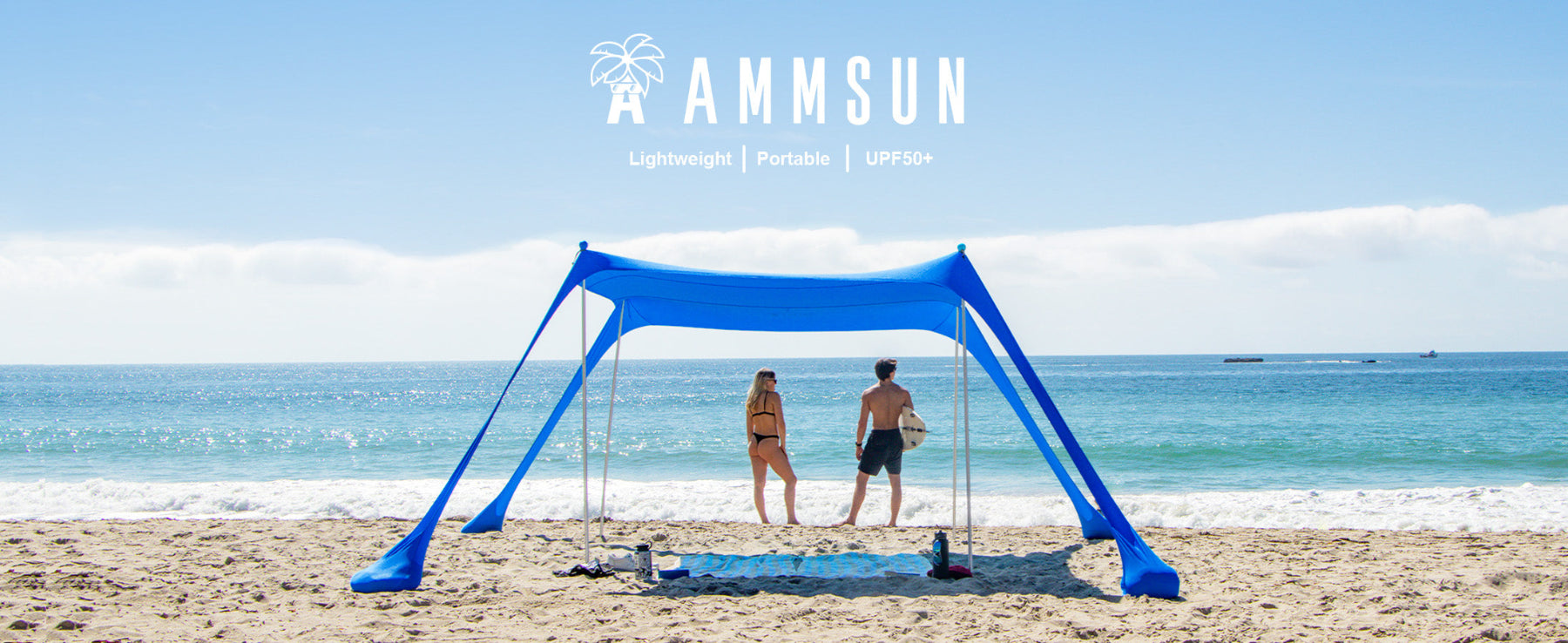 Two people stands together under AMMSUN 9x9ft blue sun shade beach canopy for sand heavy duty wind