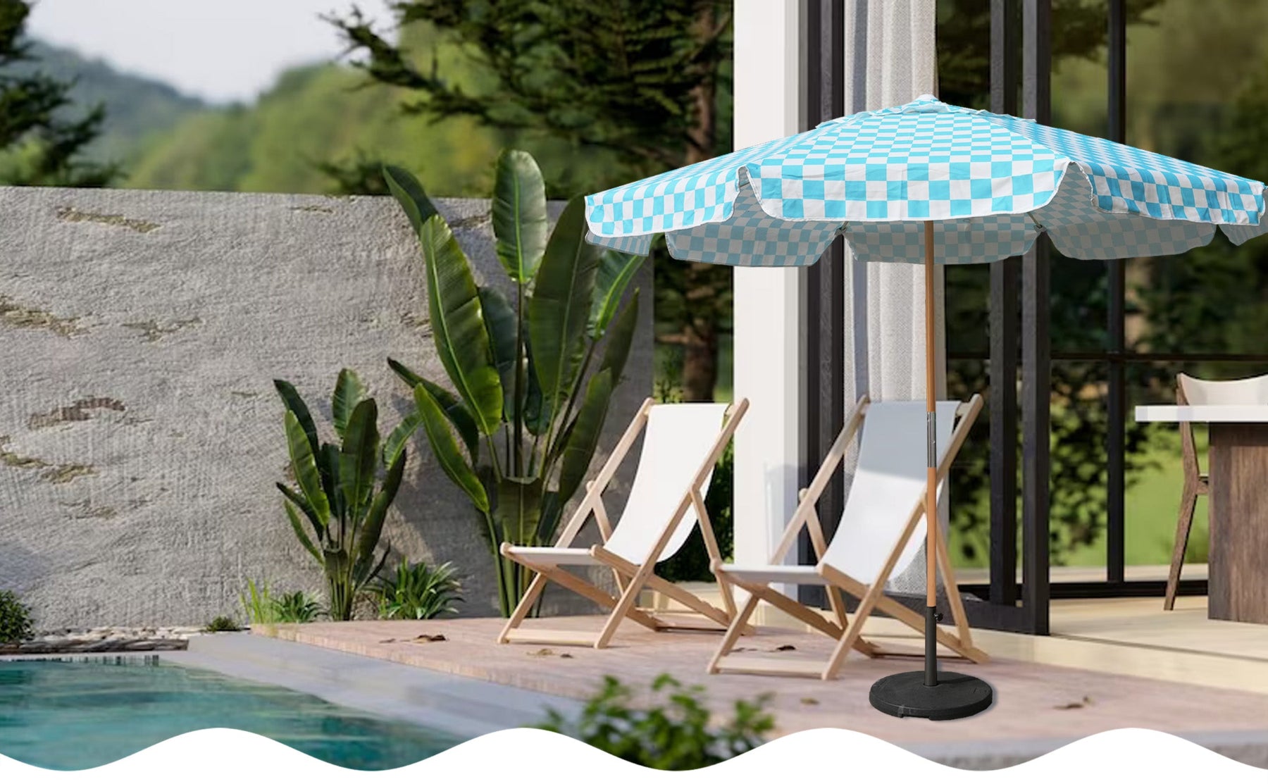 AMMSUN 7.8ft blue check sun shades outdoor patio with wood pole shading the chair on pool