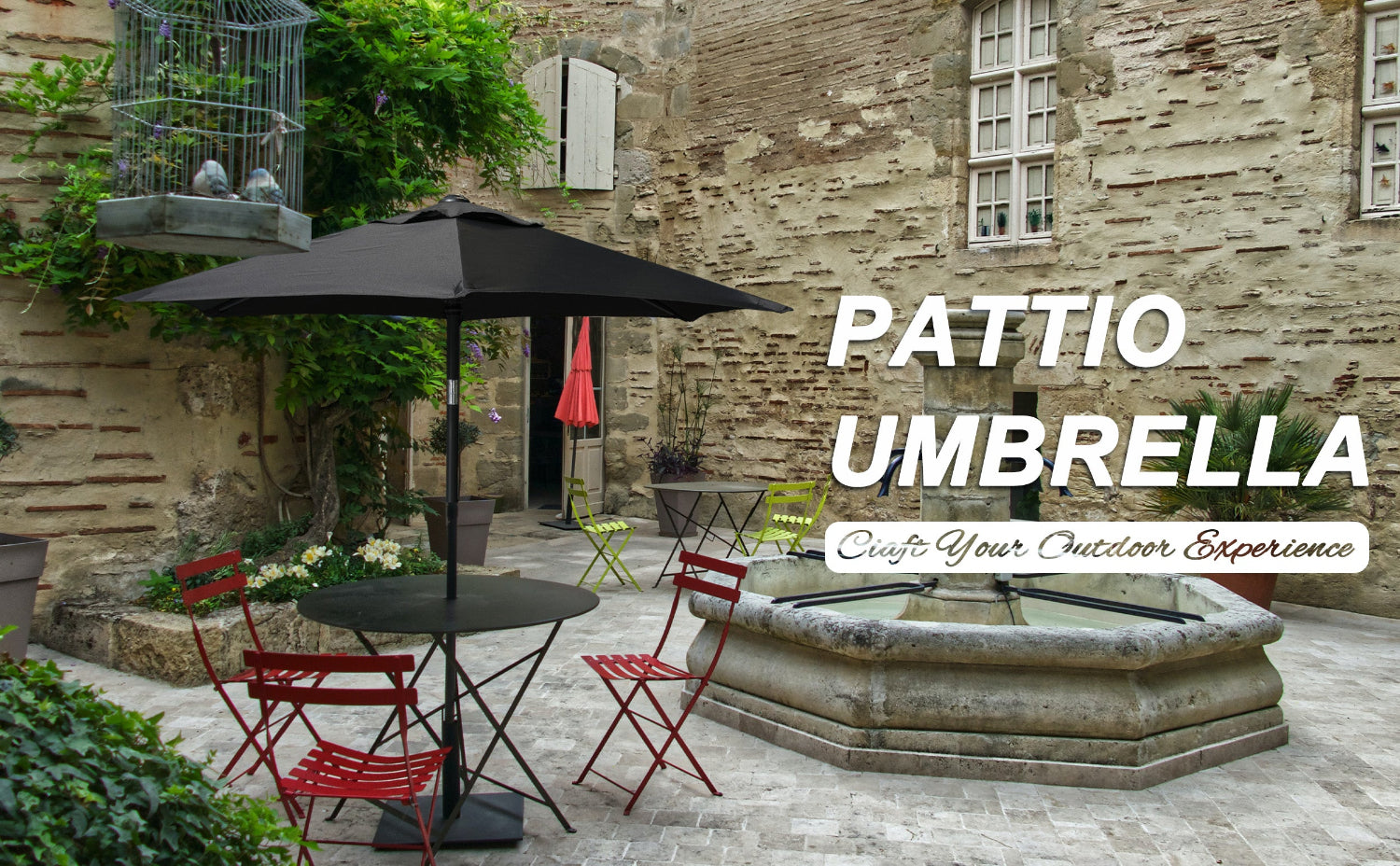 A cozy patio featuring chairs and tables arranged beneath an AMMSUN 6ft black best choice patio umbrella