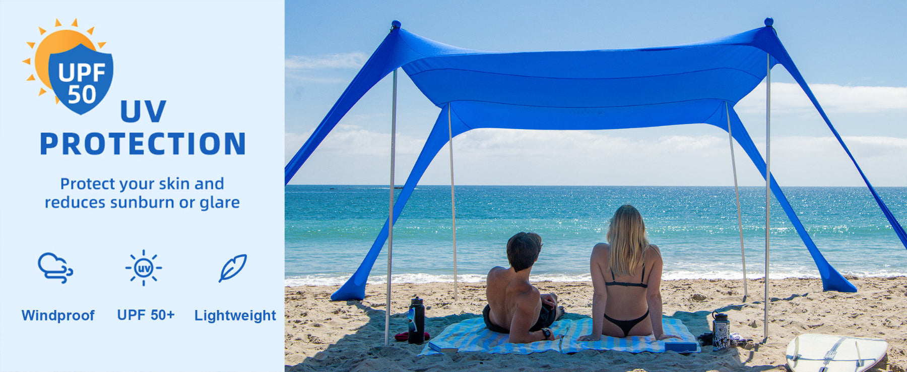 Two people sitting under an AMMSUN 9x9ft blue uv umbrellas for sun protection beach canopy