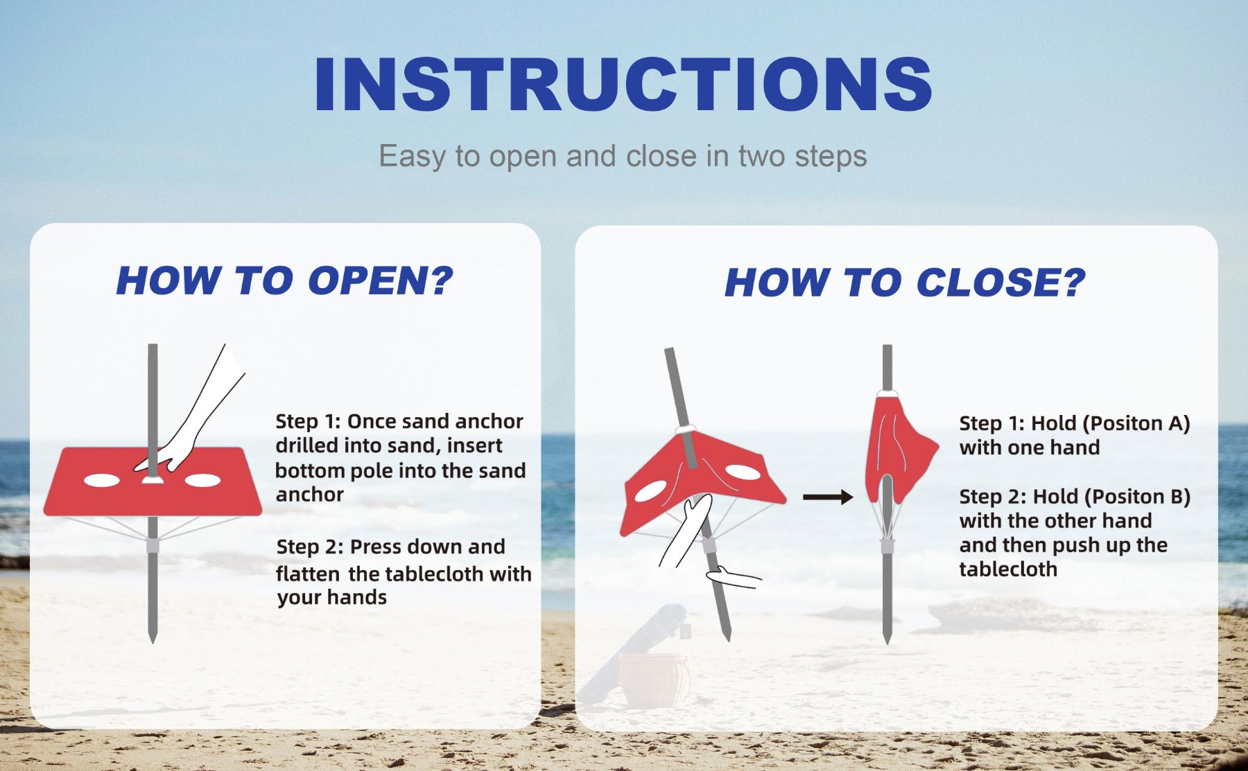 Instructions to open and close built-in table for AMMSUN 7ft travel beach umbrella with sand anchor