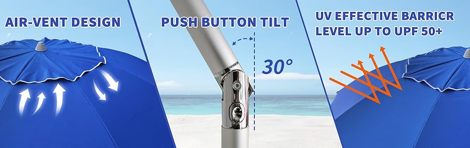 AMMSUN 7ft blue sun umbrella uv protection for beach air-vent with tilt and sand anchor