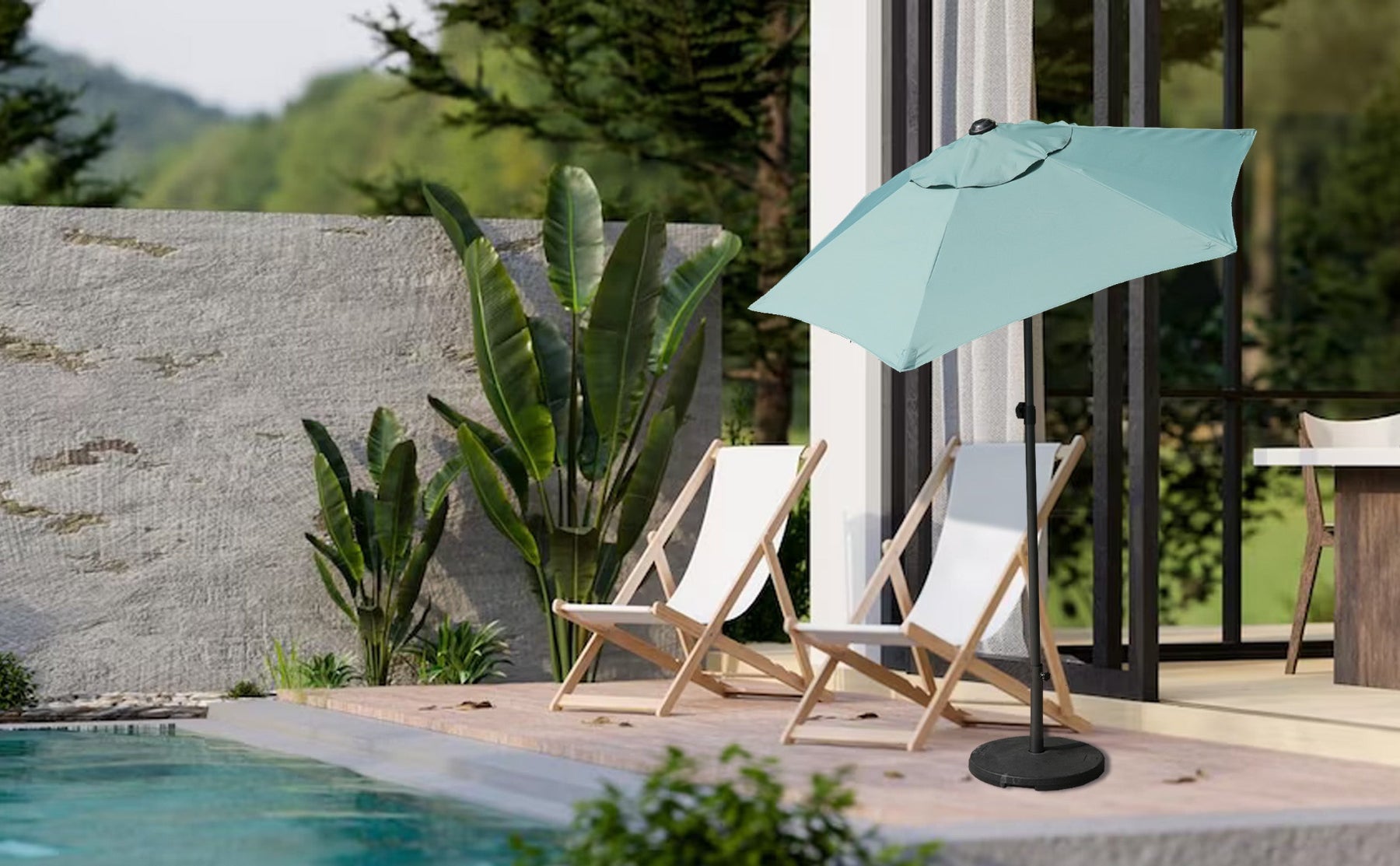 AMMSUN 6ft green garden umbrellas outdoor rests beside a tranquil pool, providing shade