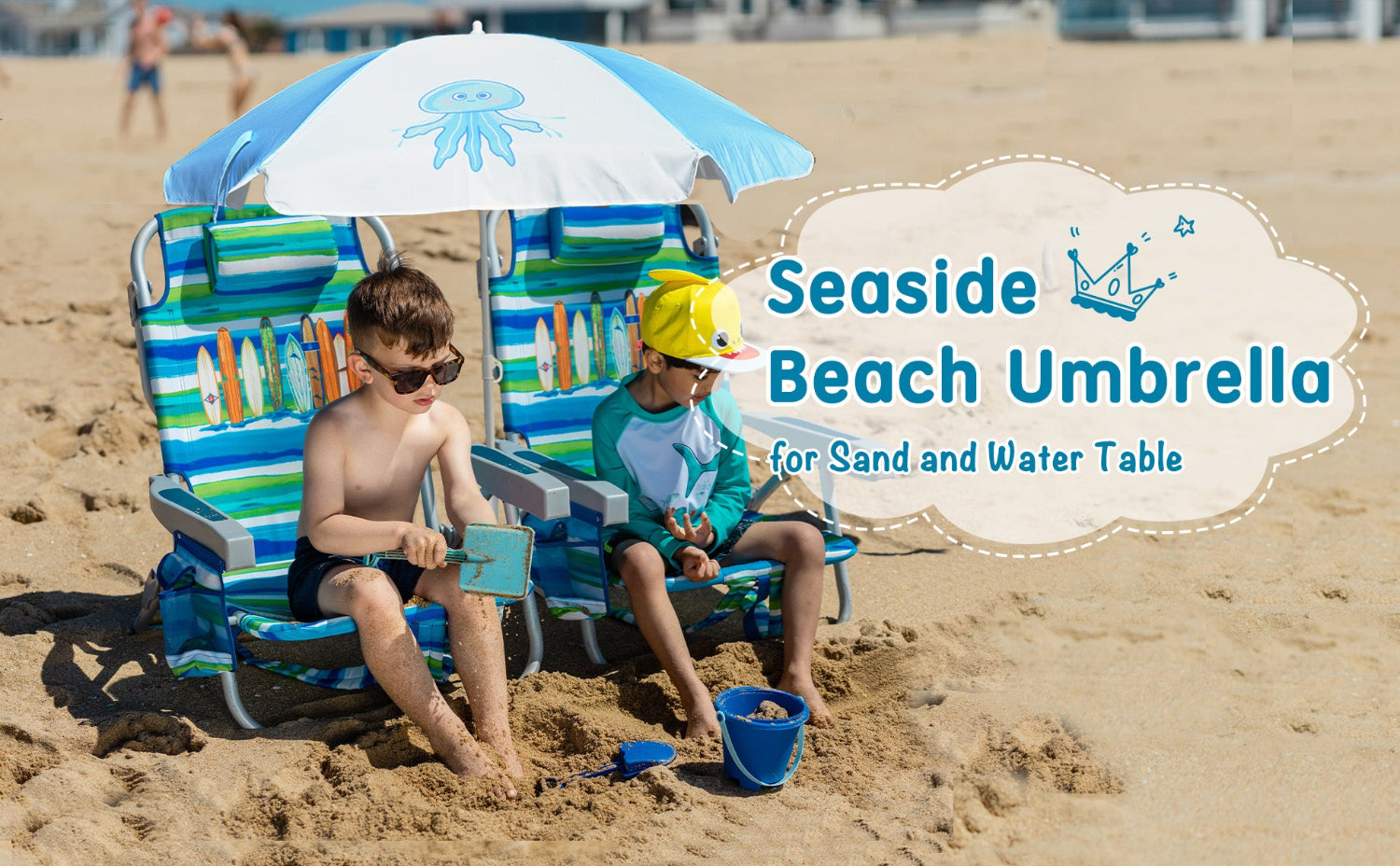 Two boys sitting on chairs under AMMSUN 5ft jellyeish blue seaside beach unbrella for water table on beach