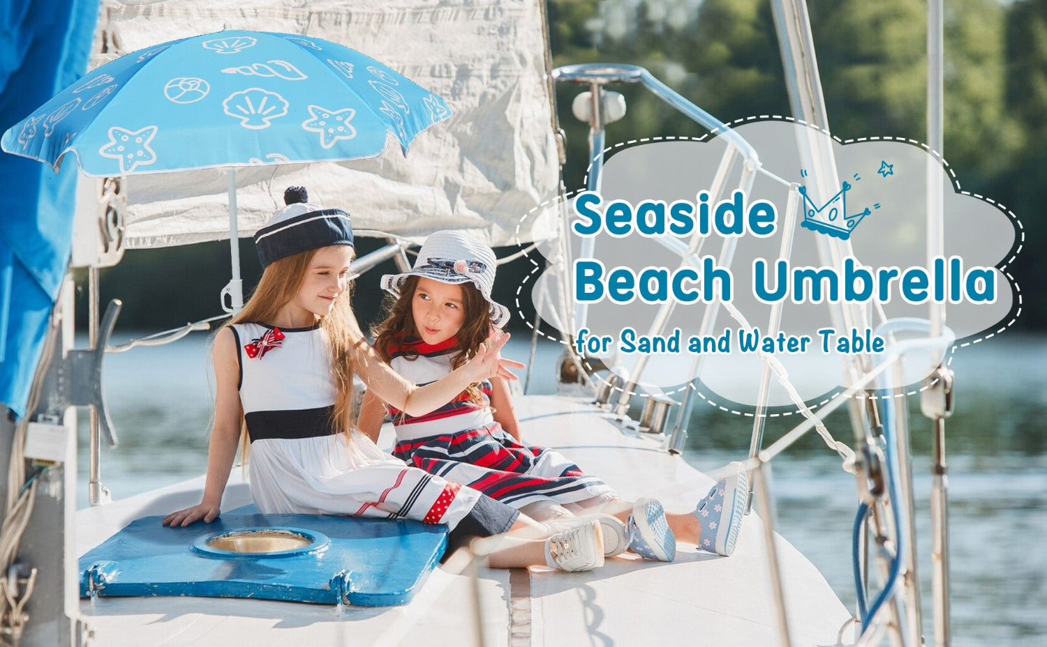 Two girls sitting under AMMSUN 5ft shell blue beach kids umbrella for water table beside the pool